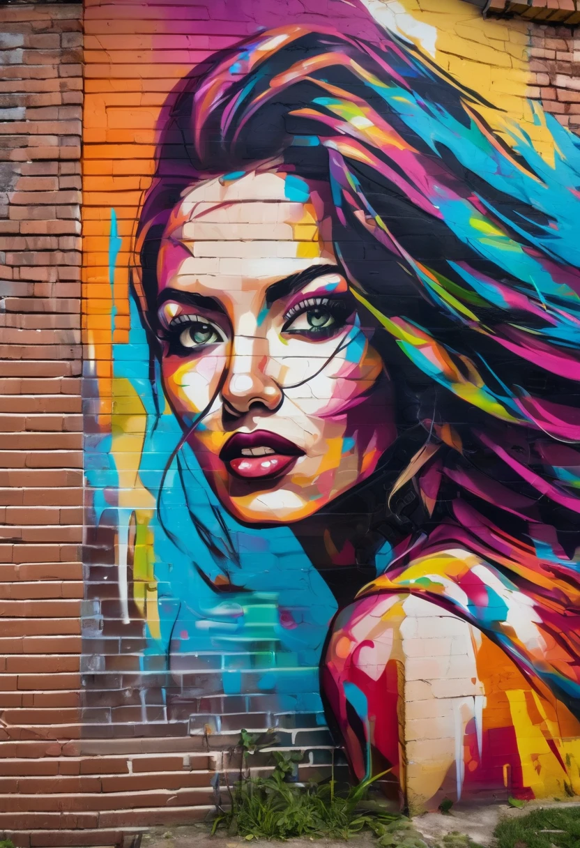 Beautiful stunning woman waving hair splash graffiti wallpainting on a corner house rough brick  wall colorful streetpainting showing street mouvment 