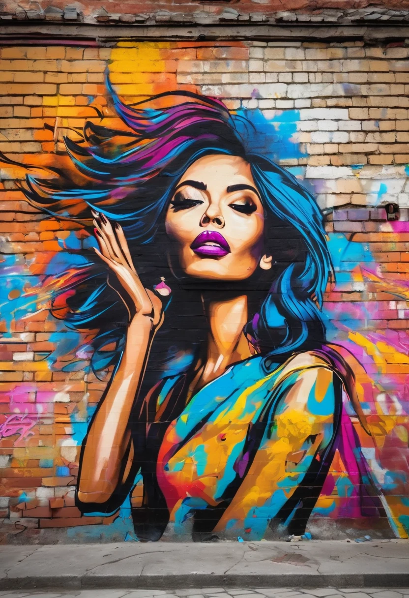 Beautiful stunning woman waving hair splash graffiti wallpainting on a corner house rough brick wall colorful streetpainting showing street mouvment