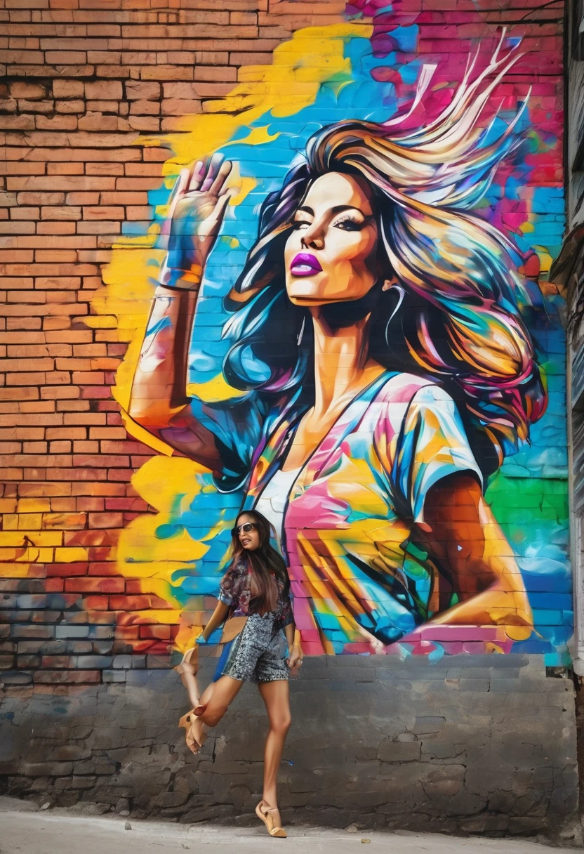 Beautiful stunning woman waving hair splash graffiti wallpainting on a corner house rough brick  wall colorful streetpainting showing street mouvment 