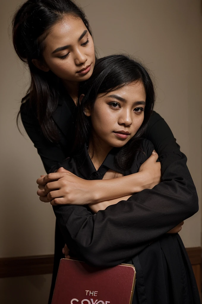 the book cover image says "SUCKING LOVE" in Indonesian!! with a photographic image of an Indonesian girl holding a camera while hugging a handsome vampire dressed in formal clothes, photographer's gallery backdrop. the writing is BLACK and the writing seems to be melting, very detail, Ultra HD 8k