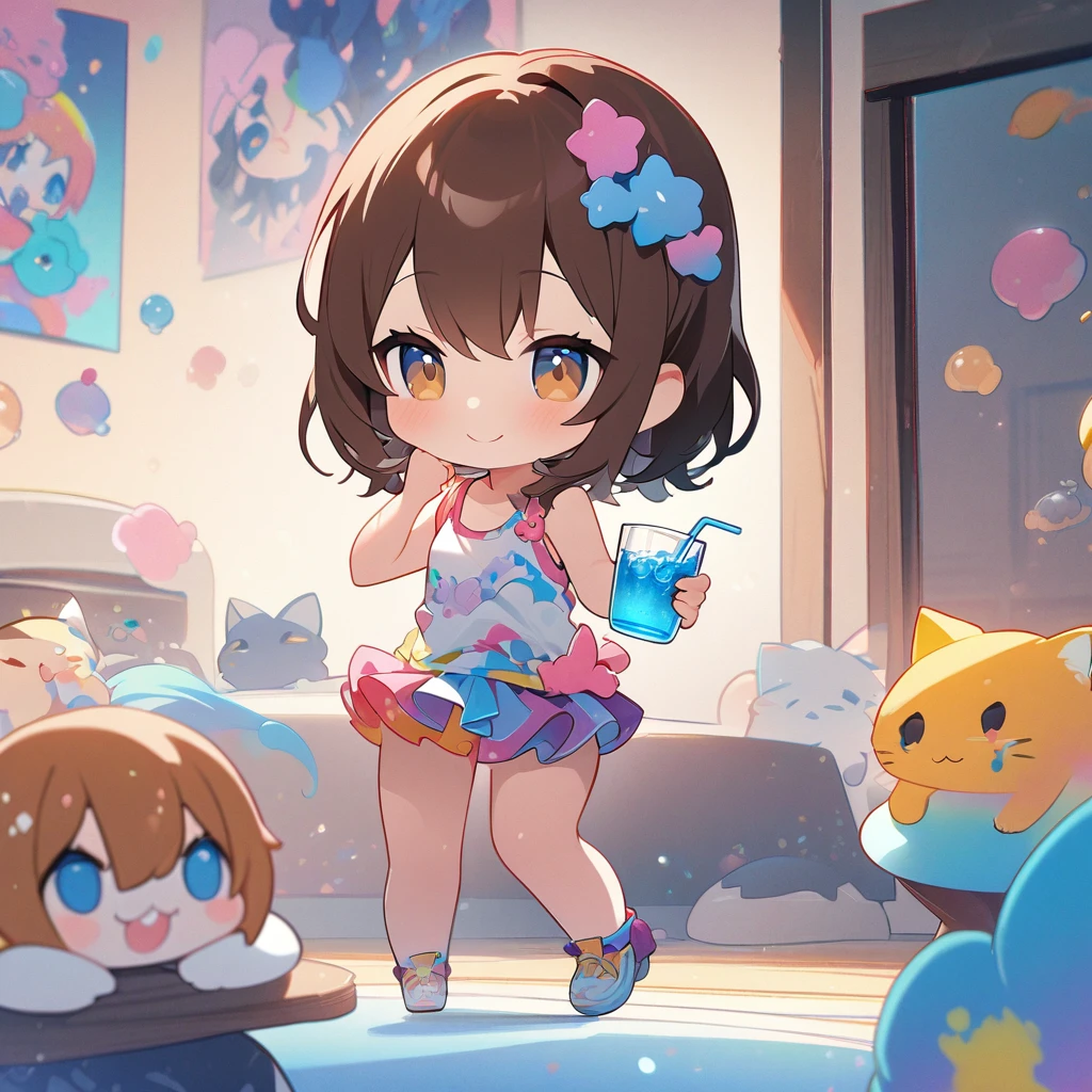 masterpiece、Highest quality、Depth of subject、2D illustration、1 beautiful girl、独奏, (((chibi style)))、Long, beautiful hair、shiny brown hair、cute、Beautifully detailed eyes、((Tank top))、a glass of blue soda, ((colorful))、mini skirt、((happy smile))、((kitten cluster)), ((full body shot))、((in the room))、((There's a lot of pink around))、Thighs、((vivid color))、sparkle、((Lens flare))、