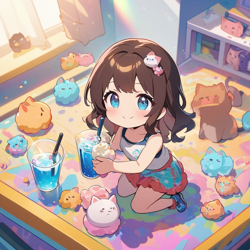 masterpiece、Highest quality、Depth of subject、２D illustration、1 beautiful girl、独奏, (((chibi style)))、Long, beautiful hair、shiny brown hair、cute、Beautifully detailed eyes、((Tank top))、a glass of blue soda, ((colorful))、mini skirt、((happy smile))、((kitten cluster)), ((full body shot))、((in the room))、((There&#39;s a lot of pink around))、Thighs、((vivid color))、sparkle、((Lens flare))、