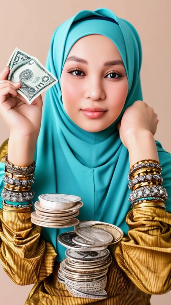 A beautiful Indonesian woman wearing a hijab is holding jewelry and money with her cupped hands.
