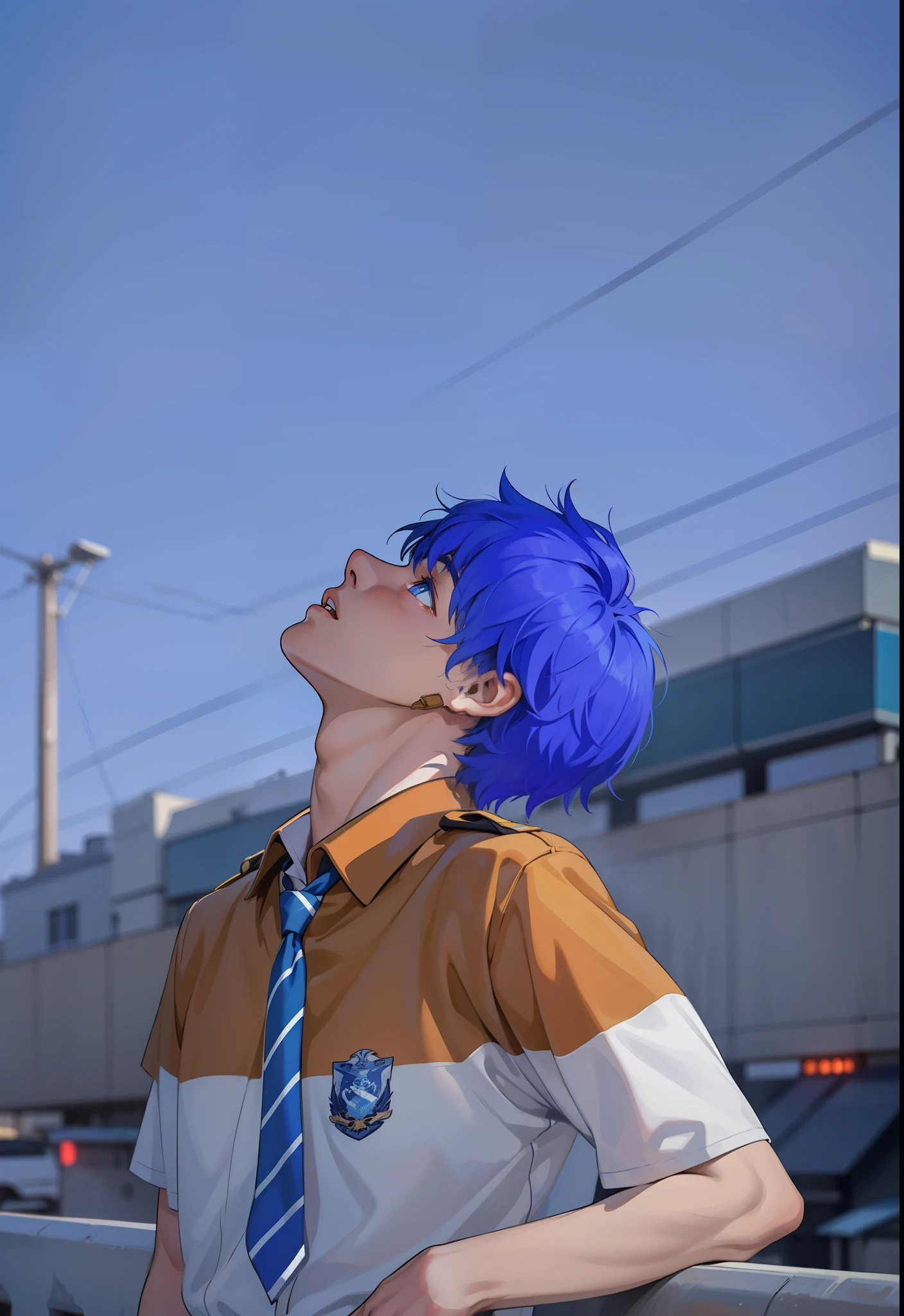 There is a 16-year-old boy with blue hair, blue eyes, on top of a school building. He is thoughtful, somewhat sad, looking at the city. He is feeling the wind on his face. 