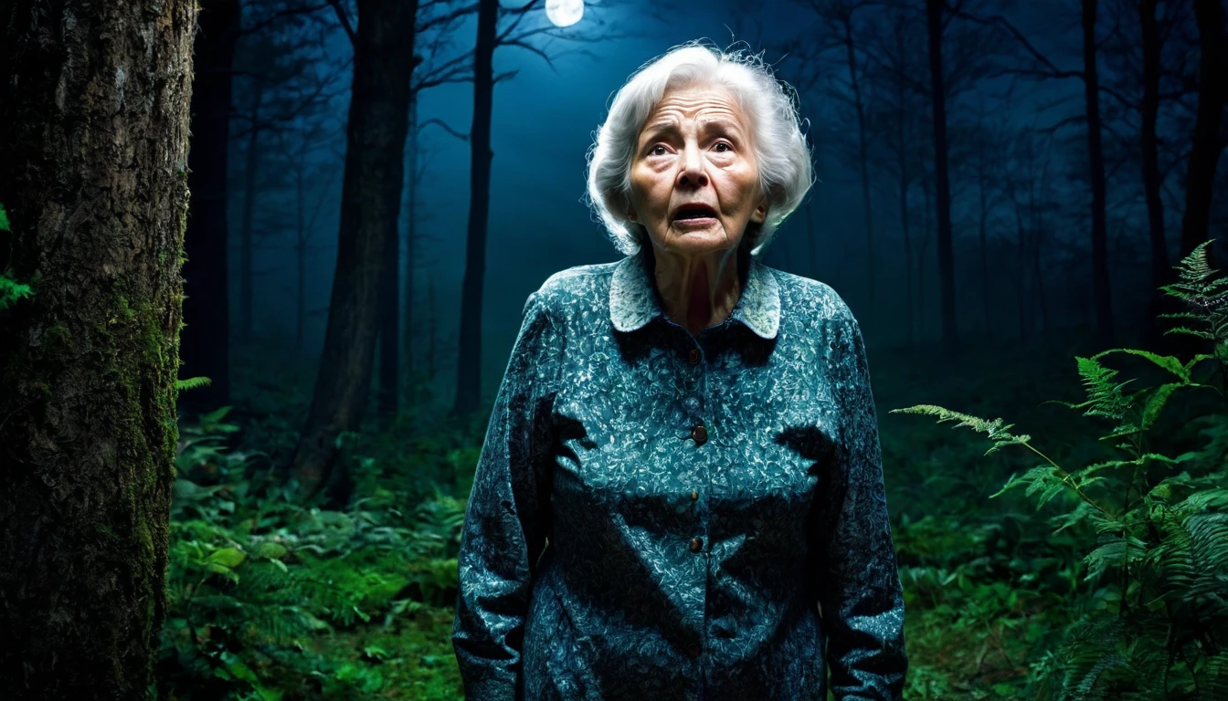An image of an elderly woman standing scared in the forest at night 