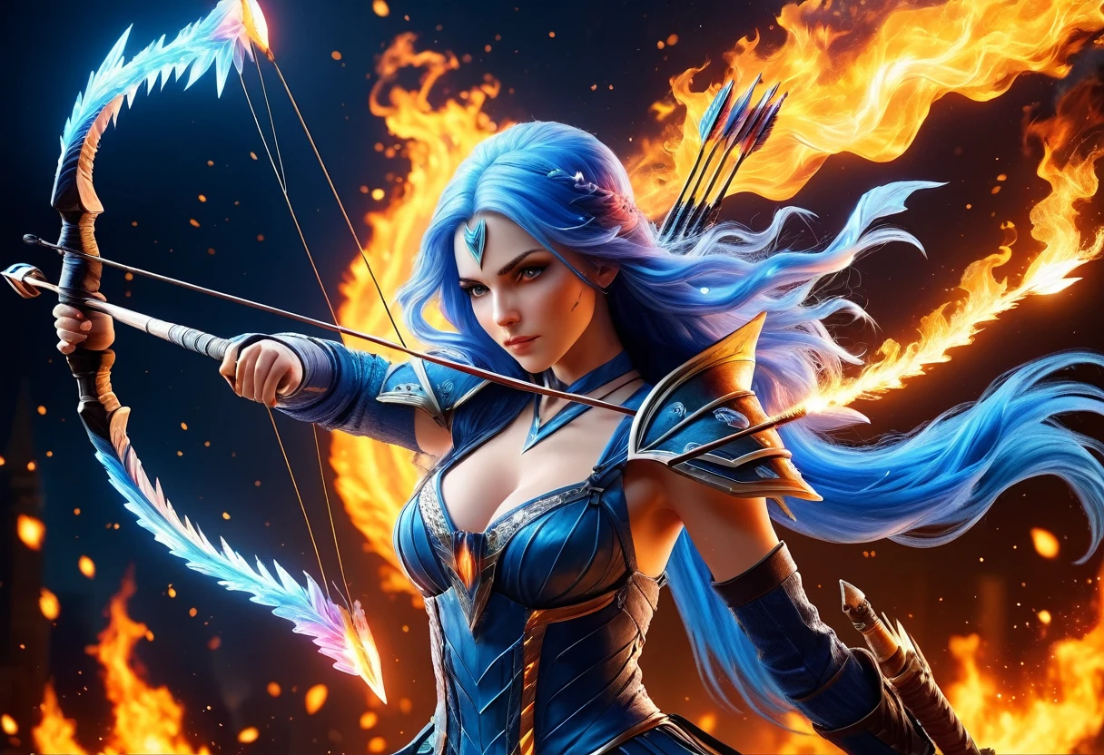 a picture of fire sorceress firing a flaming arrow from a magnificent epic bow, an elite glamour beautiful  fire sorceress, blue hair, long hair, wavy hair, wearing wild glamour dress, intricate dress, dynamic color dress , with fire patterns on it, aiming an epic bow with a flaming arrow,  dynamic bow, sting drawn to the cheek , arrow ready to be shot, dynamic bow, sting drawn to the cheek , arrow ready to be shot, it is night, moon light, starry night, cloudy night,  high details, best quality, 16k, [ultra detailed], masterpiece, best quality, (extremely detailed), dynamic angle, full body shot, fantasy urban street at night bacground, Aiming a Bow, bow (weapon), Aiming a Bow ,faize, ral-lava