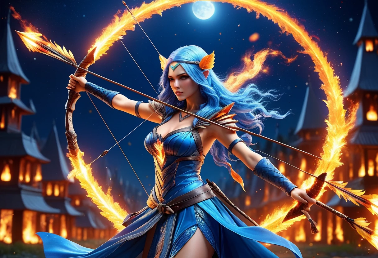 a picture of fire sorceress firing a flaming arrow from a magnificent epic bow, an elite glamour beautiful  fire sorceress, blue hair, long hair, wavy hair, wearing wild glamour dress, intricate dress, dynamic color dress , with fire patterns on it, aiming an epic bow with a flaming arrow,  dynamic bow, sting drawn to the cheek , arrow ready to be shot, dynamic bow, sting drawn to the cheek , arrow ready to be shot, it is night, moon light, starry night, cloudy night,  high details, best quality, 16k, [ultra detailed], masterpiece, best quality, (extremely detailed), dynamic angle, full body shot, fantasy urban street at night bacground, Aiming a Bow, bow (weapon), Aiming a Bow ,faize, ral-lava