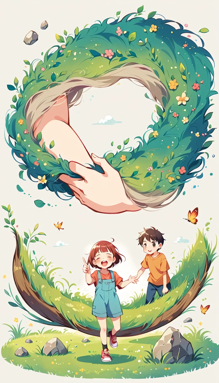 Create an image of 2 children playing on a rice field ridge, under a clear and cheerful sky. They are playing rock-paper-scissors to determine the winner.