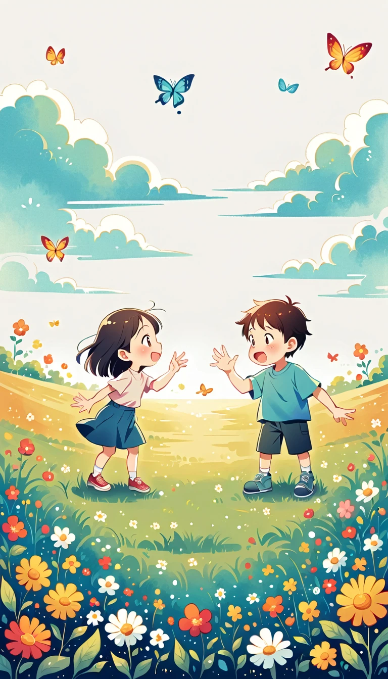 Create an image of 2 children playing on a rice field ridge, under a clear and cheerful sky. They are playing rock-paper-scissors to determine the winner.