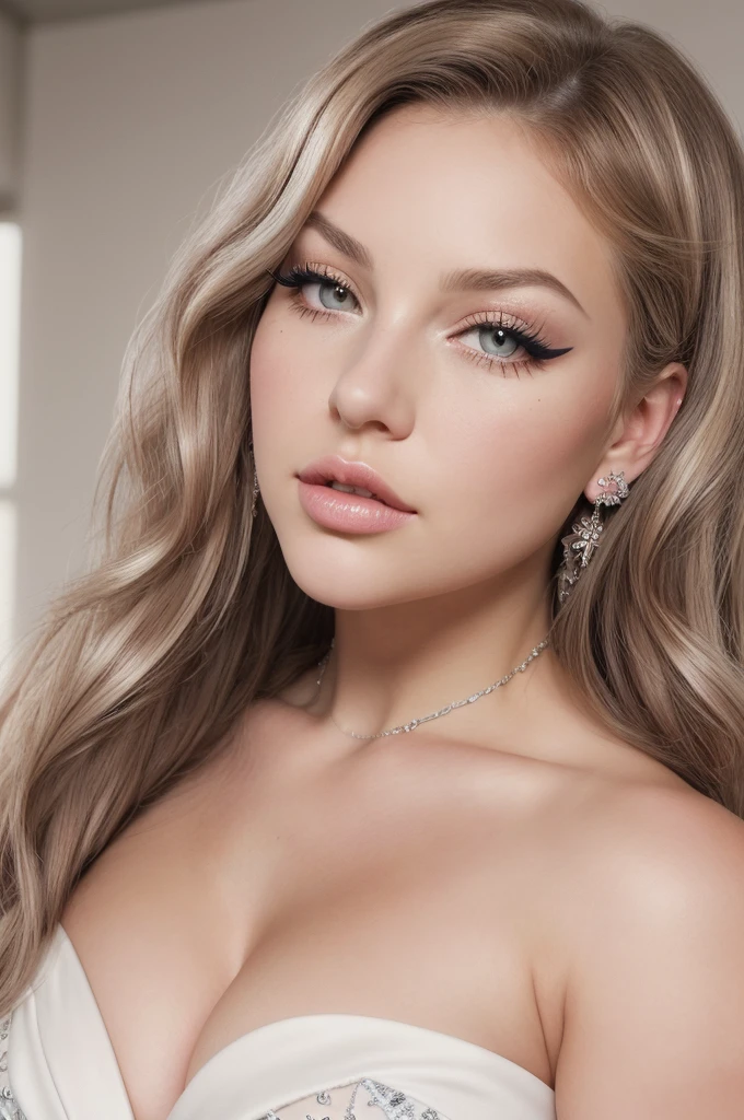 Create an 8k, best quality, ultra-high regulation image with sharp focus and UHD resolution. The image should depict a beautiful woman in a professional, realistic photoshoot, capturing a cinematic masterpiece. She should have a big, heavy chest with deep cleavage and glowing skin. Her plus-size body is curvy, with a slim belly and waist, thick thighs, and a plump face. She has beautiful lips with attractive makeup, deep eyeliner, highlighted eyeliner, light eyeshadow, long mascara, and thick lashes. Her eyes should be extremely detailed, big, shaped, and showing depth and attraction with clear, unique iris patterns, bright sclera, and lively eyes. She has thick, well-shaped eyebrows and long, thick eyelashes. Her hair should be black, wavy, and well-designed, with bright highlights. The woman should be standing in a full-length frame, posing professionally while looking at the camera. Her skin is smooth, white, and spotless. She is wearing a saree in a very professional manner with no fabric torn or broken. The saree should be draped neatly, covering her body appropriately, with intricate designs visible, showing the elegance and tradition of the attire. Every detail of her face, including ears, nose, mouth, lips, teeth, neck, and shoulder, should be extremely detailed and flawless. The overall look should be elegant, sophisticated, and acceptable on every social media platform.
