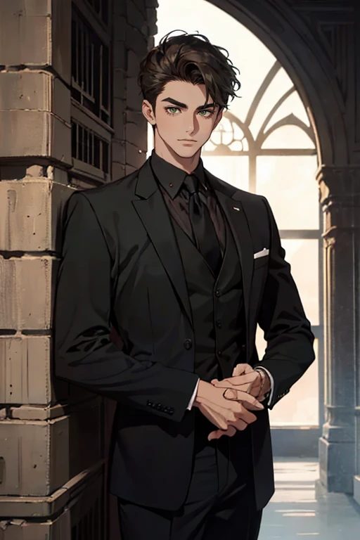 ((a young man in a black suit and tie)), taken in the early 1960s, gotham, alejandro, he looks very sophisticated, (((left-side swept black short hair))), (dark green eyes and thick eyebrows), smirk. ((20 years old)), masterpiece, posture dynamic, ((one man)), ((brown skin))