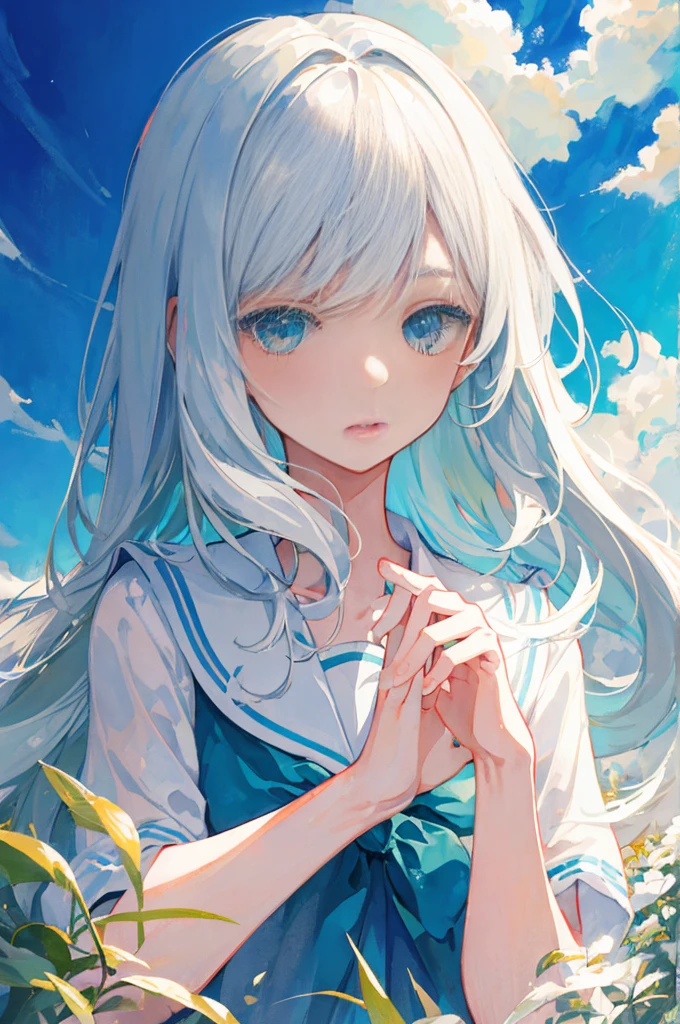 masterpiece, best quality, illustration, watercolor, flat color, blue sky, 1girl, close-up, straight-on, looking at viewer, detailed medium white hair, green eyes, serafuku, parted lips
