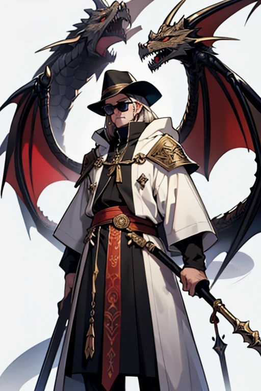 a tall cleric, who wears a hat and sunglasses, of the Draconate race, who uses a draconic staff