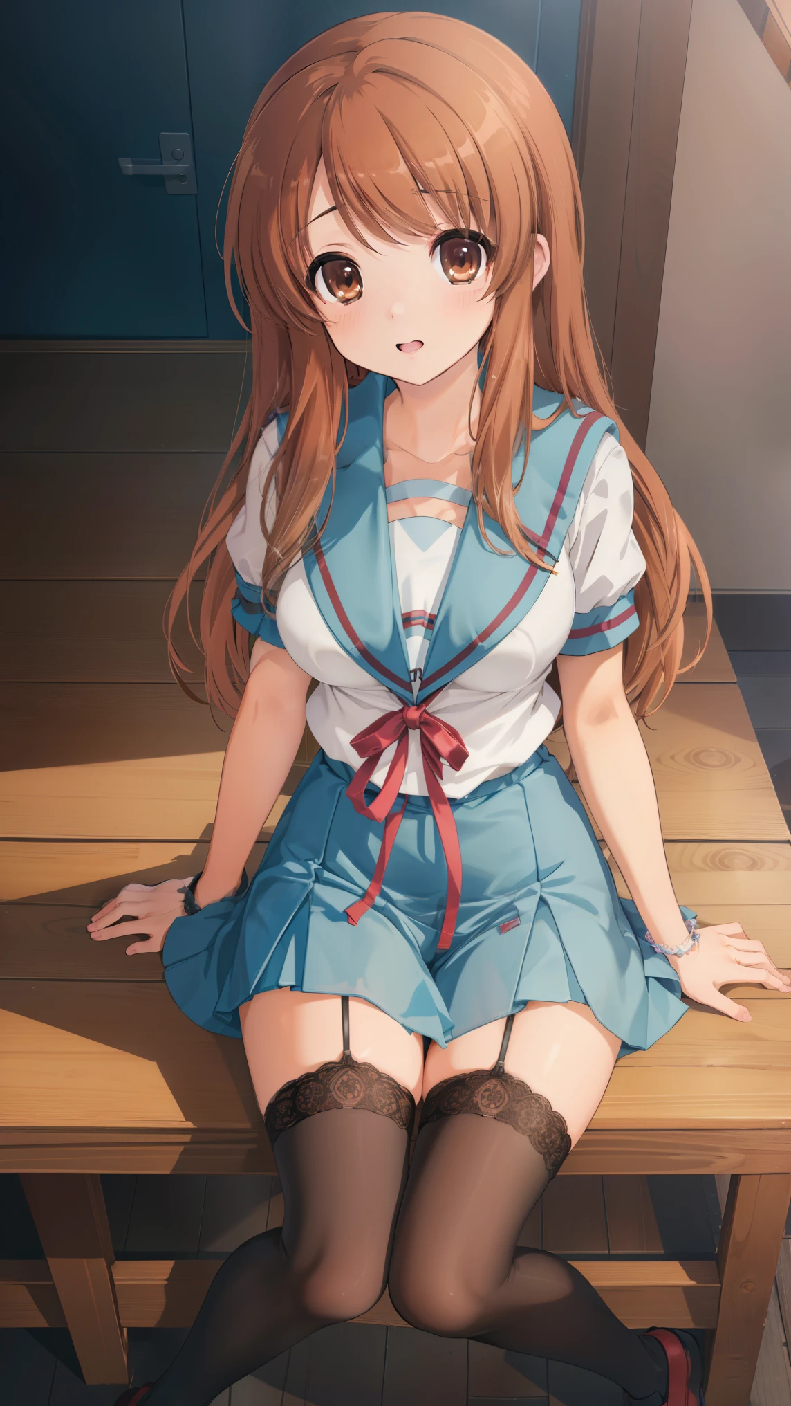 (masterpiece), highest quality, high resolution, illustration, game cg, asahina mikuru, detailed eyes, perfect face, serafuku, pleated miniskirt, thigh highs, school, hallway, (sitting), (knees bent:1.2), (pantyshot), (lace panties)