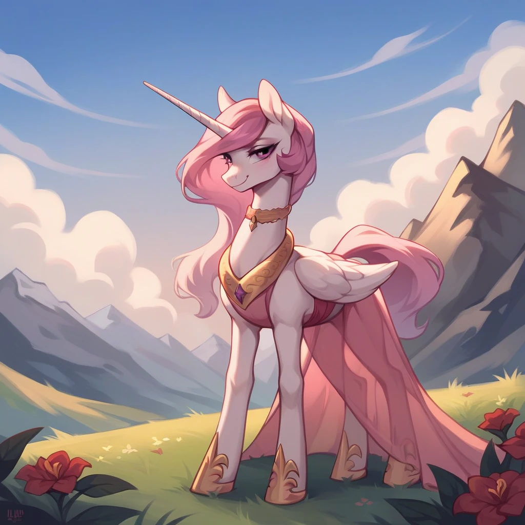 score_9, score_8_up, score_7_up, score_6_up, score_5_up, score_4_up, rating_explicit, outdoors, purple (see through pink dress and neck choker), solo, feral pony, princess celestia with pink mane, evil smile, closed mouth,BREAK mountain, day, sky, flower, mountainous horizon, blue sky, grass
