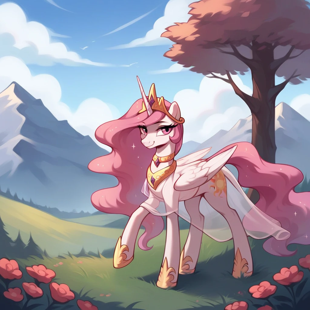 score_9, score_8_up, score_7_up, score_6_up, score_5_up, score_4_up, rating_explicit, outdoors, purple (see through pink dress and neck choker), solo, feral pony, princess celestia with pink mane, evil smile, closed mouth,BREAK mountain, day, sky, flower, mountainous horizon, blue sky, grass