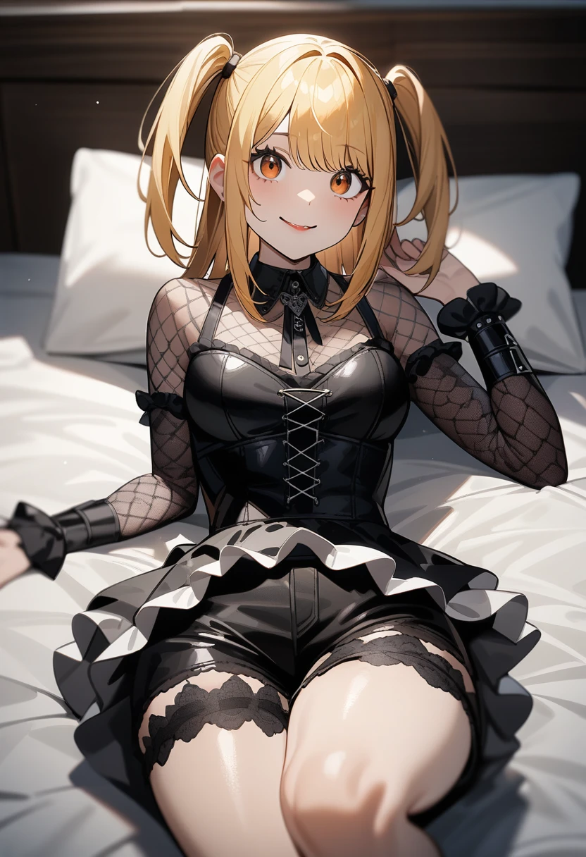 1girl,solo,(amane misa, death note:1.1),super detailed skin,shiny skin,natural smile,blonde hair,sidelocks,short twintails,long hair,medium breasts,Punk Lolita,gothic shorts,lying on bed,2D,anime,girl's lolita bedroom,masterpiece,best quality,ultra detailed,high resolution,sharp focus,depth of field,