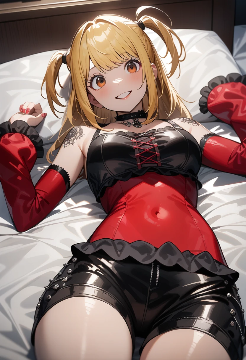 1girl,solo,(amane misa, death note:1.1),super detailed skin,shiny skin,natural smile,blonde hair,sidelocks,short twintails,long hair,medium breasts,Punk Lolita,gothic shorts,lying on bed,2D,anime,girl's lolita bedroom,masterpiece,best quality,ultra detailed,high resolution,sharp focus,depth of field,