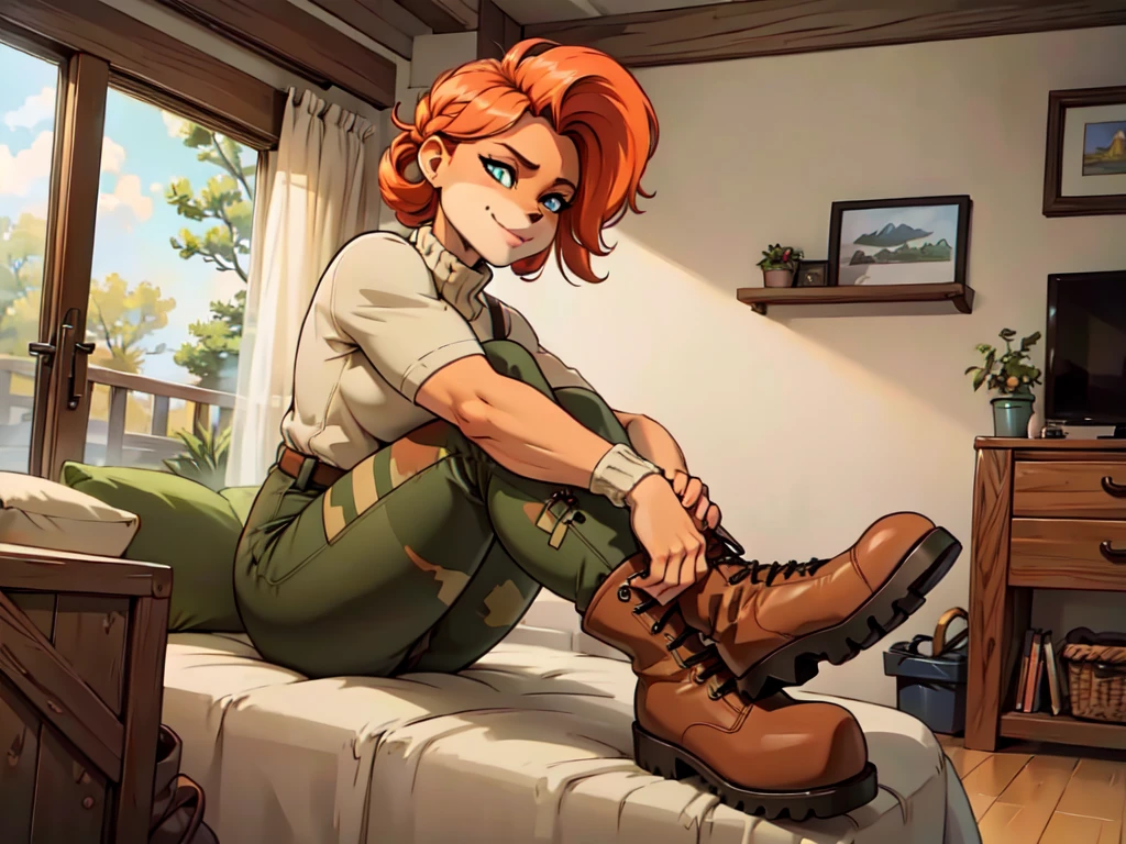 (best quality,4k,8k,highres,masterpiece:1.2),ultra-detailed,realistic:1.37,portrait,anthro bandicoot girl redhead, braided hair, beautiful green eyes, relaxing moment, sexy ,seductive, warm sweater, camouflage pants, army boots, smirking, cozy lighting, vibrant colors , girl anthro , sweater, camouflage pants, army boots, hands to boots