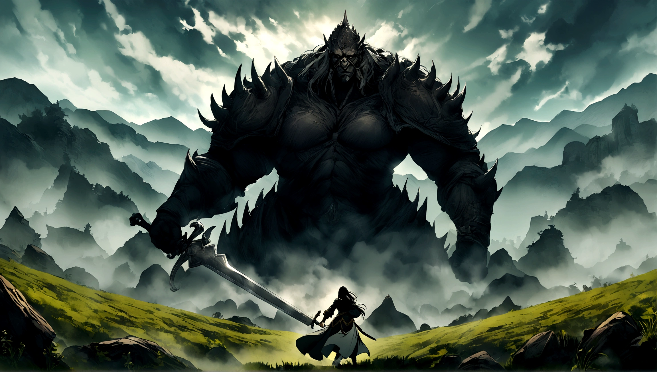 Girl fighting Elden Ring Boss. Girl has a sword. The boss is very big. Landscape