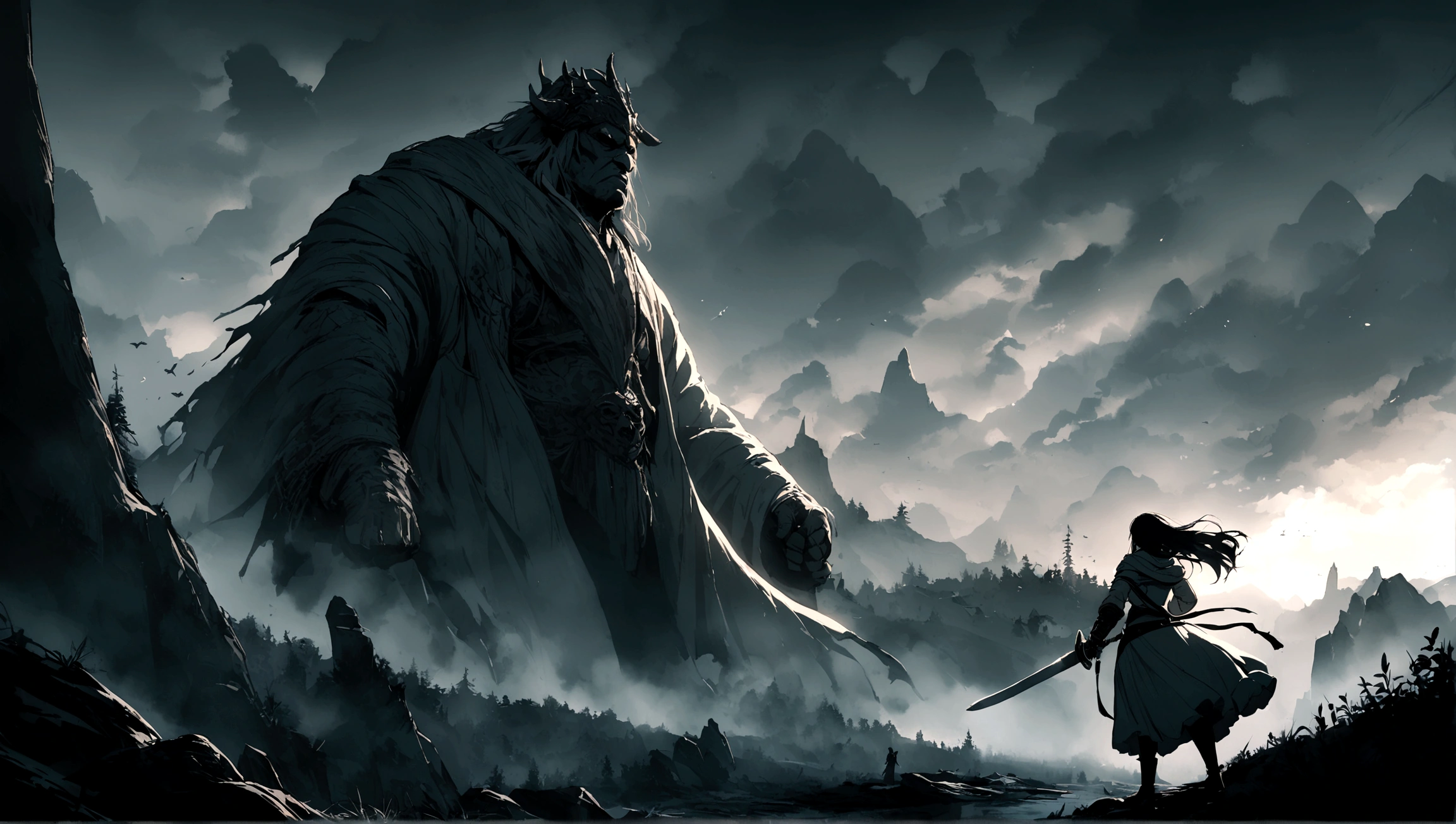 Girl fighting Elden Ring Boss. Girl has a sword. The boss is very big. Landscape