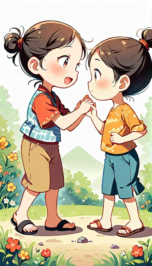 Create an image of 2 children playing. They are playing on a rice field ridge under a clear and cheerful sky. They are playing rock-paper-scissors to determine the winner. The children are wearing simple and cheerful clothing traditional balinese.