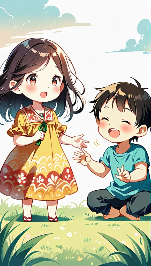 Create an image of 2 children playing. They are playing on a rice field ridge under a clear and cheerful sky. They are playing rock-paper-scissors to determine the winner. The children are wearing simple and cheerful clothing traditional balinese.