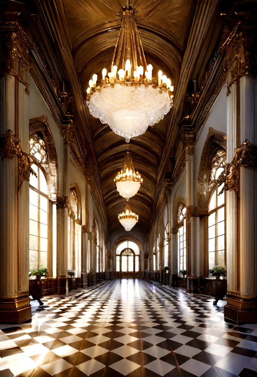 An ultra-realistic, award winning photograph. An extremely ornate hallway with well arranged greenery and artificial daylight. It has a clean, new, classy, mechanical and rich feel. The wall panels and ceilings are extremely ornate. The hallway is lined with elaborate blue and white stand-alone marble columns. The hallway has cobblestone floors. The dynamic lighting casts sharp focus on her every feature. The image exudes a sense of power, allure and charm.