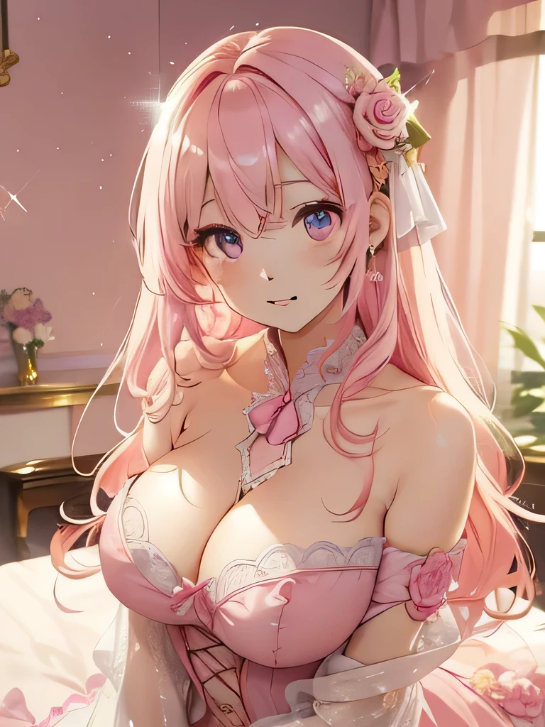 Tabletop, High resolution, 8K, Anime Women, Delicate and detailed writing 、Detailed digital illustration、Very long and shiny hair、bangs、Very beautiful woman、Double Eyes, big, Bust is D cup、high resolution, high quality、Detailed Background、(((idolの衣装を着て)))、((Pink Room Background))、The inside of your eyes shine like diamonds、Light pink hair、Gradient pupil、(((Two arms、Four fingers, One thumb)))、Detailed female face、Very beautiful and cute woman、、Detailed Background、masterpiece、Soft Focus , Bright gradient watercolor , Lens flare , (((Sparkling))) , shine , dream-like , 、Less exposure、Nothing at hand、idol、Pink Ribbon、A very beautiful red rose hair accessory、Pink and gold outfit、White is the main color of the outfit、((Sleep))、Raise the hand、(((Pink Background))) (((Lying in bed)))