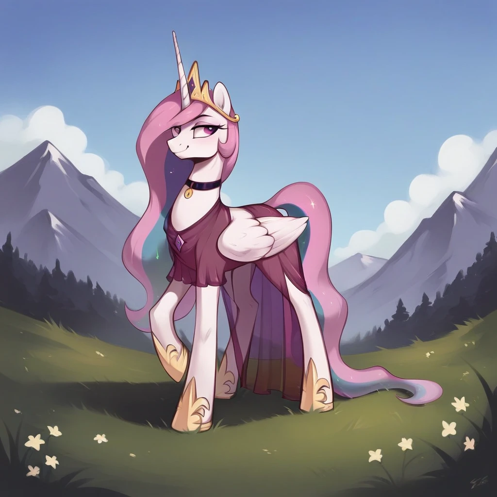 score_9, score_8_up, score_7_up, score_6_up, score_5_up, score_4_up, rating_explicit, outdoors, purple (see through pink dress and neck choker), solo, feral pony, princess  celestia with pink mane, evil smile, closed mouth,BREAK mountain, day, sky, flower, mountainous horizon, blue sky, grass 