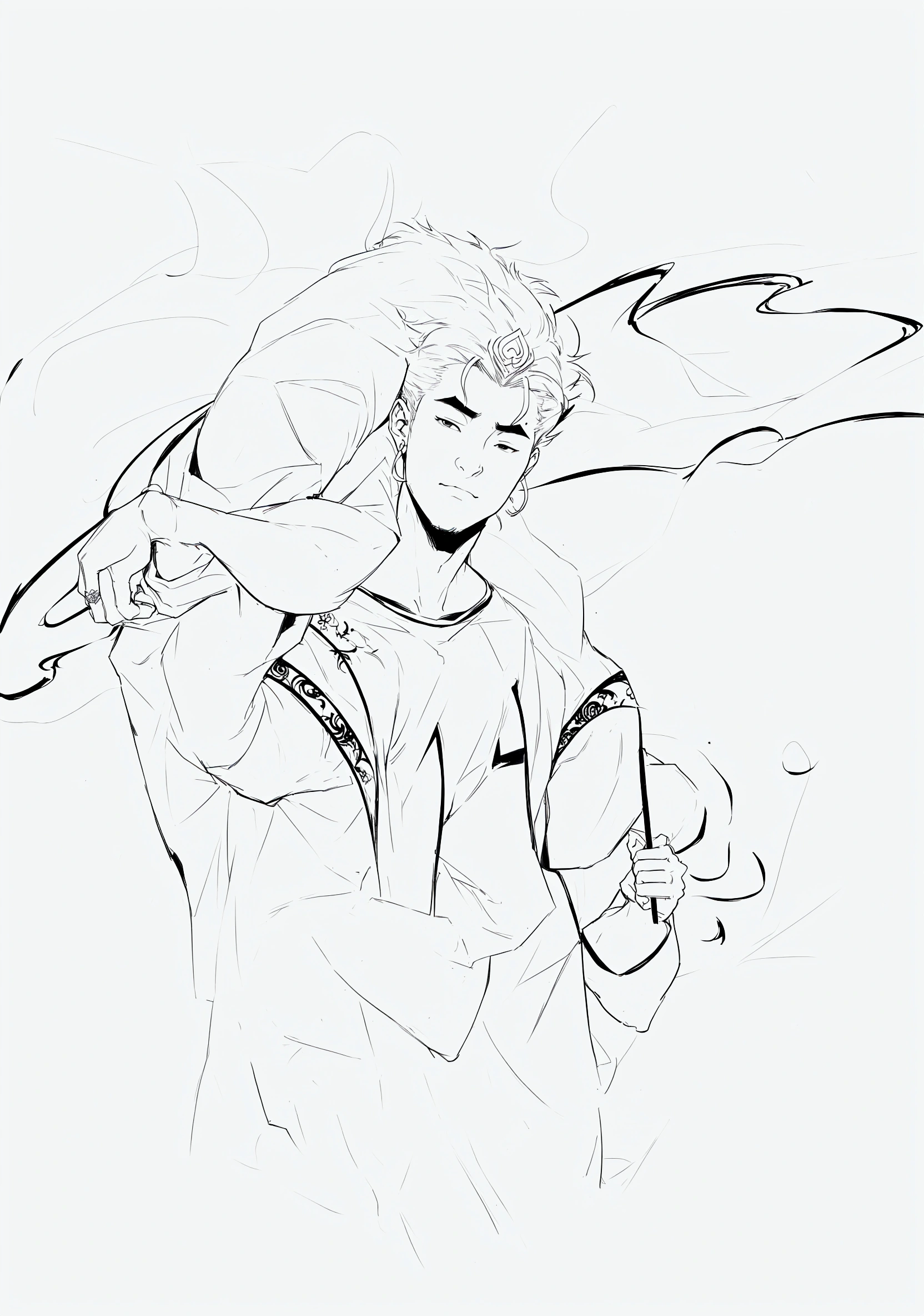 a drawing of a man with a bat on his arm, bold arte linear, simple arte linear, inspired by Huang Shen, intense line art, thick arte linear, holding his trident, clean arte linear, inspired by Dai Jin, sketchy art style, inspired by Kieran Yanner, line sketch, epic angle and pose, arte linear, heavy arte linear