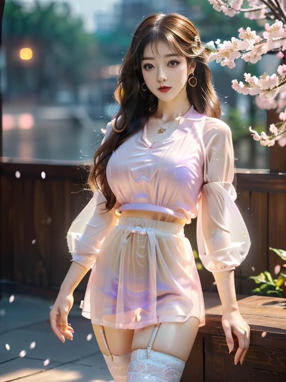 An Asian Chinese female model, Night rainy background, (8K Ultra HD, Digital SLR Camera, Soft Light, high quality, Volumetric Lighting, frank, photo, high resolution, 4K, 8K, Bokeh), (Create stunning images of real girls, warm light, Dynamic poses, Elegant Posture, Cowboy lens, Full body front view, From the front，Be confident, Front of the body facing the camera, Standing posture facing the camera, Open your legs slightly, Golden Ratio Graphics, Minimalism), (Show a charming smile, Willow Leaf Eyebrows, big eyes, Apricot eye prick, Cherry Blossom, Balanced Eyes, Oval face, Pretty Face, Normal facial features, Skin is transparent and visible, Thin skin and tender meat, cosmetic, earrings, bracelet, necklace, Jewelry, veil, Hair accessories), (Brown hair, Wavy curly hairstyle, Waist-length hair, Messy Hairstyle, Gradient hairstyles, Cyberpunk hairstyle), (Transparent clothes：1.5, Pink purple clothes, Thin clothes, Transparent mesh clothes, Transparent clothes, Transparent mesh Hanfu,Ultra-fine three-point underwear), (Sexy, Perfect breast shape, Teardrop-shaped chest shape, Snow-white breasts, very detailed breasts, 34E cup), (Super high waist clothes, Waist hollow, Levain), (Black socks, Clear knee-length socks, 吊garter, Leg ring, garter, 腿部garter)