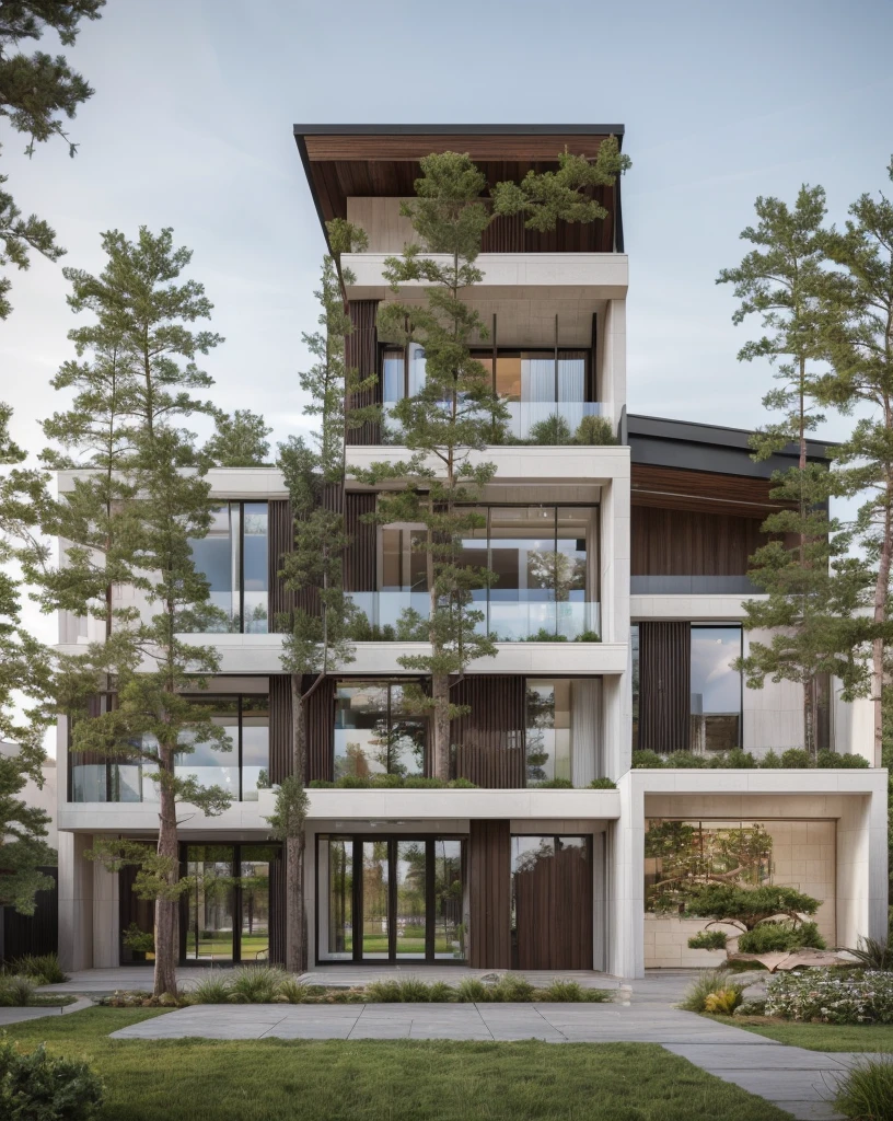 (masterpiece),(high quality), best quality, real,(realistic), super detailed, (full detail),(4k),8k,modern house exterior design,Modern architecture,Sandstone,whitewall,Beautiful_sky,Day light, no_humans, outdoors,sky,tree,Garden flower front of building,