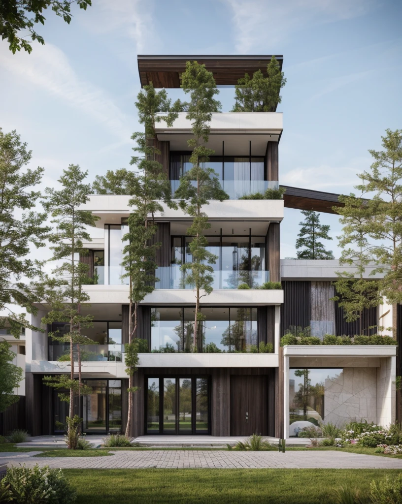 (masterpiece),(high quality), best quality, real,(realistic), super detailed, (full detail),(4k),8k,modern house exterior design,Modern architecture,Sandstone,whitewall,Beautiful_sky,Day light, no_humans, outdoors,sky,tree,Garden flower front of building,
