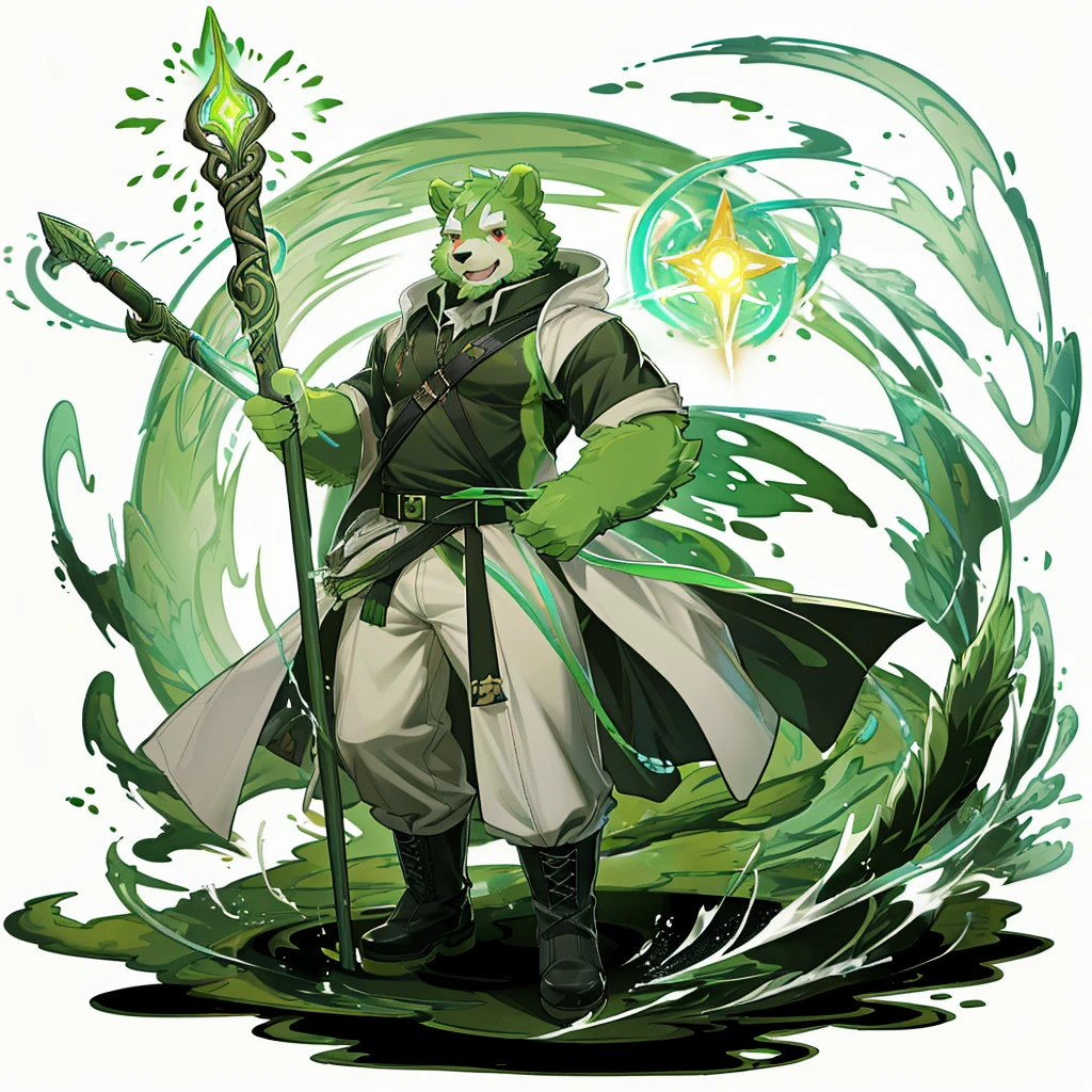 anthro, kemono, male, solo, (((green bear))), (((green fur))), green hair, red eyes, beard, white eyebrows, sexy, blush, wink, white background, mage staff, magic, (black t-shirt inside), (((white unhooded trench coat ))), gray trousers, military boots, full body, splash art,