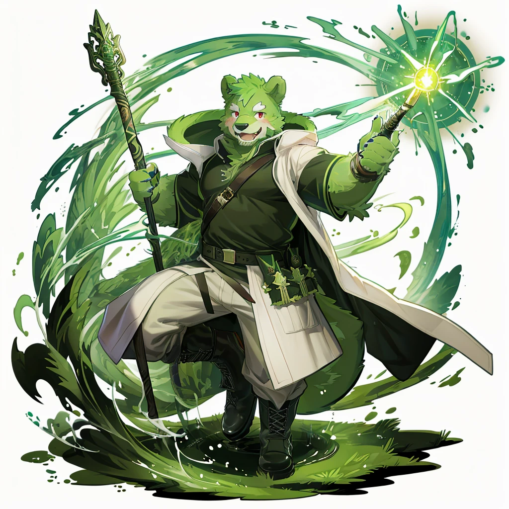 anthro, kemono, male, solo, (((green bear))), (((green fur))), green hair, red eyes, beard, white eyebrows, sexy, blush, wink, white background,  mage staff, magic, (black t-shirt inside), (((white unhooded trench coat ))), gray trousers, military boots, full body, splash art, 