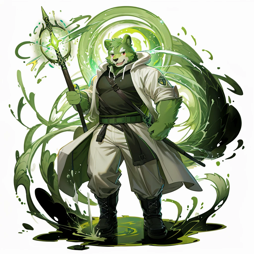anthro, kemono, male, solo, (((green bear))), (((green fur))), green hair, red eyes, beard, white eyebrows, sexy, blush, wink, white background, mage staff, magic, (black t-shirt inside), (((white unhooded trench coat ))), gray trousers, military boots, full body, splash art,
