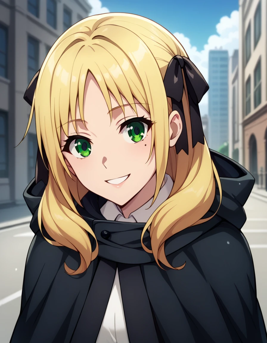 Solo, 1girl, esther rosenthal, smile, long hair, blonde hair, (green eyes:1.5), mole, mole under eye, black ribbon, black bow, hair ribbon, skirt, black cloak, cape, best quality, city 