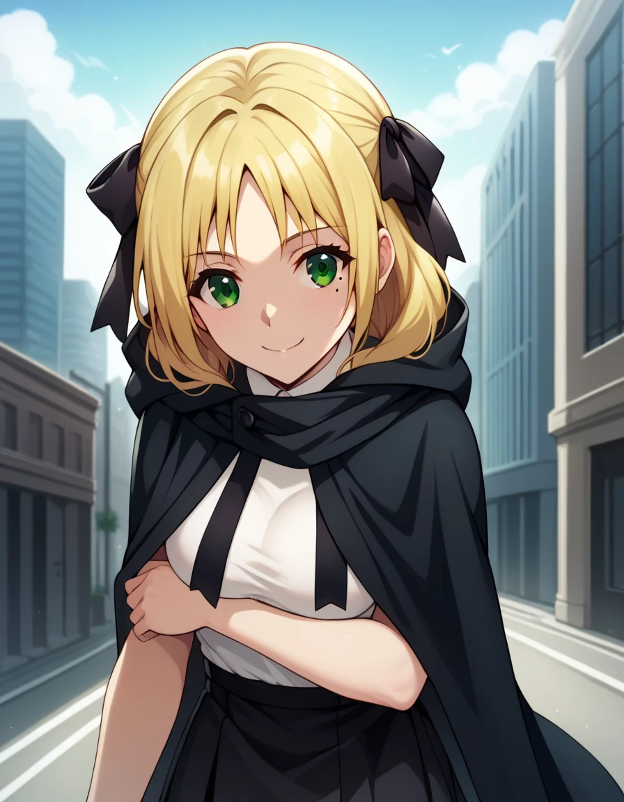 Solo, 1girl, esther rosenthal, smile, long hair, blonde hair, (green eyes:1.5), mole, mole under eye, black ribbon, black bow, hair ribbon, skirt, black cloak, cape, best quality, city 