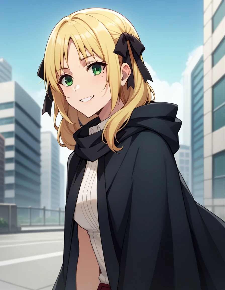 Solo, 1girl, esther rosenthal, smile, long hair, blonde hair, (green eyes:1.5), mole, mole under eye, black ribbon, black bow, hair ribbon, skirt, black cloak, cape, best quality, city 