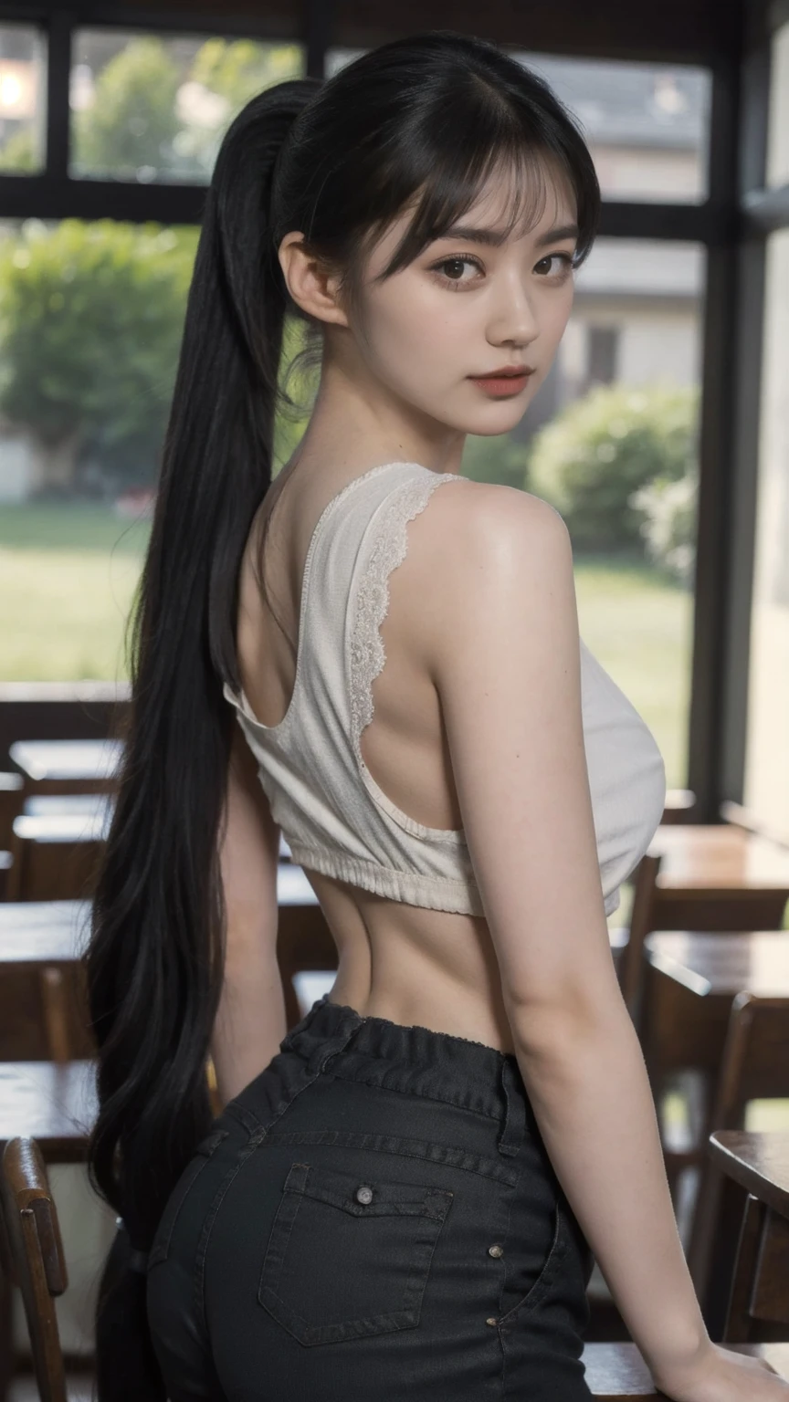 masterpiece, best quality, (realistic, photo-realistic:1.4), (RAW photo:1.2), extremely detailed CG unity 8k wallpaper, an extremely delicate and beautiful, amazing, finely detail, official art, absurdres, incredibly absurdres, huge filesize, ultra-detailed, extremely detailed, beautiful detailed girl, extremely detailed eyes and face, beautiful detailed eyes, light on face, 1girl, long hair, ((ponytail)), solo, cute, looking at viewer, (perfect female figure), slim waist, full body, large breasts, standing, , microskirt, plaid skirt, navel, midriff, micro bra, bare arms, bangs, school, classroom, ulzzang-6500-v1.1