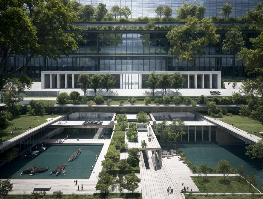 museum building made of dark green metal panels, surrounded by black water and bronze sculptures in the style of Zaha Hadid on an open field with blue sky, pools, reflections, people, gate, ancient