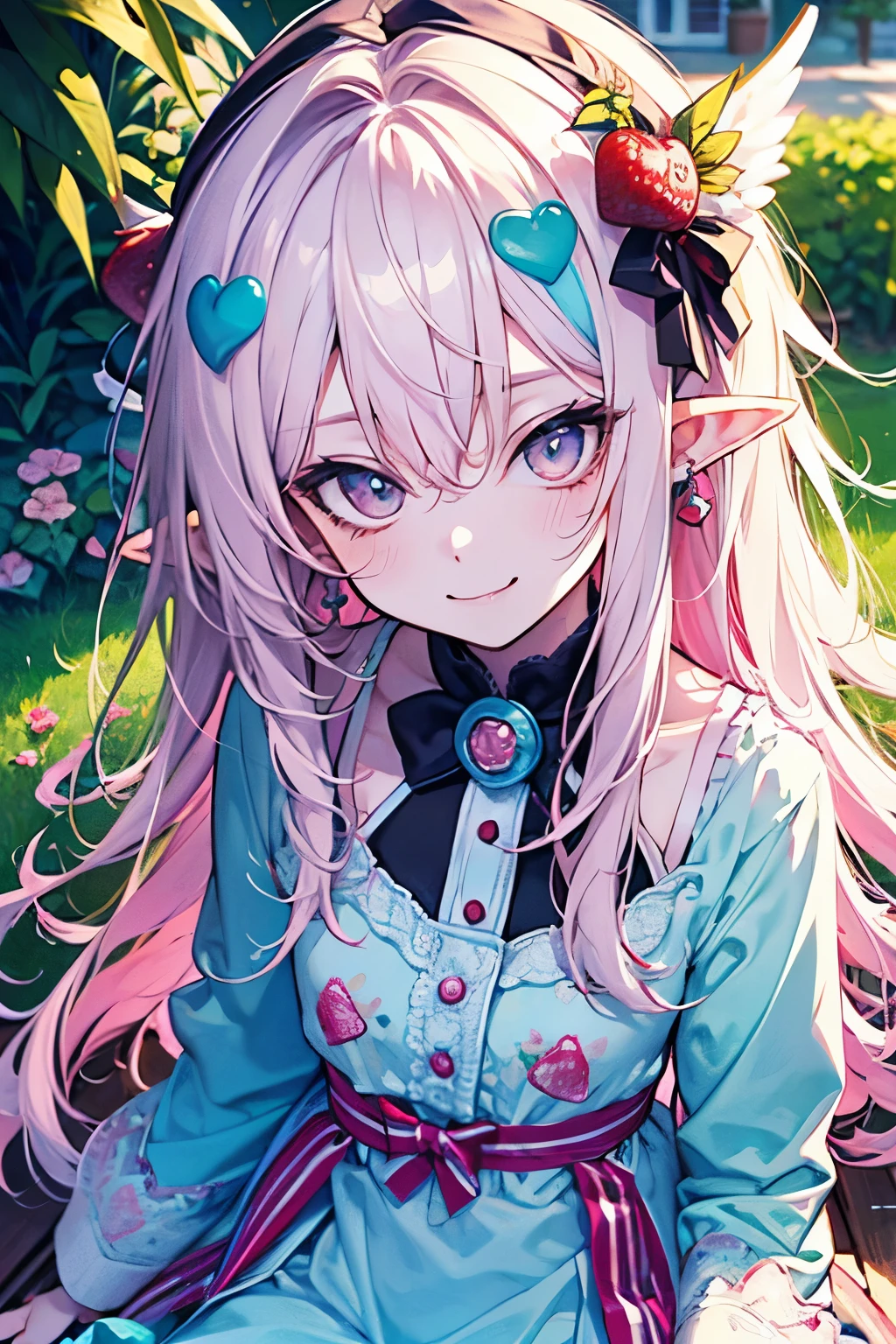 chibi character,Goblin motif,(brush),((cute,kawaii,wonderland)),((pastel color)),((Cute assortment)),(A shy open-mouthed smile),((Small Corner:1.3)),Shiny strawberrycolor hair,(Natural Color),((Angel:1.2)),(outdoor:1.25).