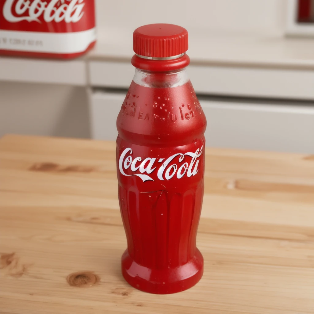 in the kitchen, on a wooden table, a red jelly bottle with a jelly particles inside of it, coca-cola, jelly texture, gummy texuture, red label coca-cola, candy, realistic texture, realistic style, detailed texture, high quality, high resolution, high quality rendering, realistic photo, brightning light, macro photo, ultra hd 4k