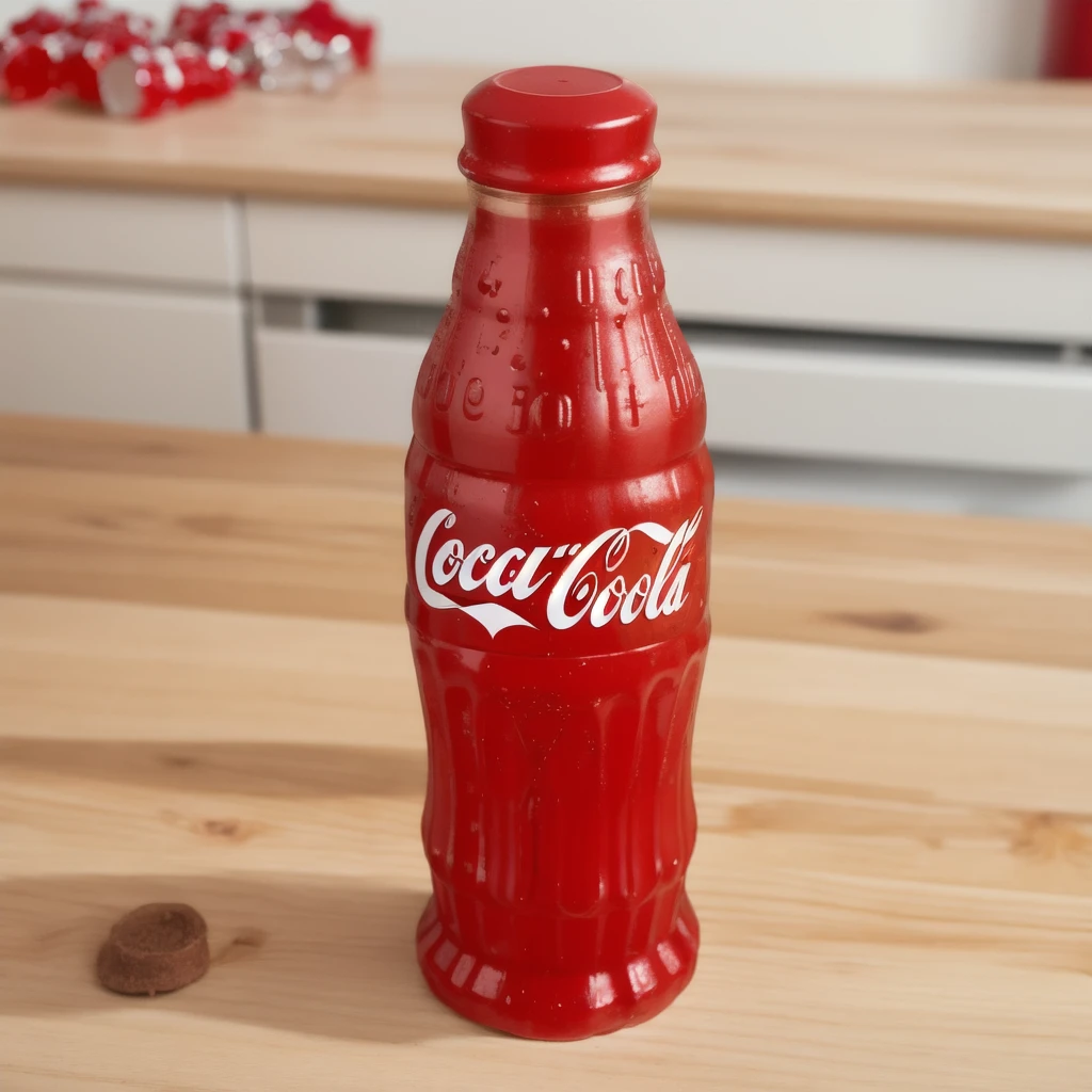  in the kitchen, on a wooden table, a red jelly bottle with a jelly particles inside of it, coca-cola, jelly texture, gummy texuture, red label coca-cola, candy, realistic texture, realistic style, detailed texture, high quality, high resolution, high quality rendering, realistic photo, brightning light, macro photo, ultra hd 4k
