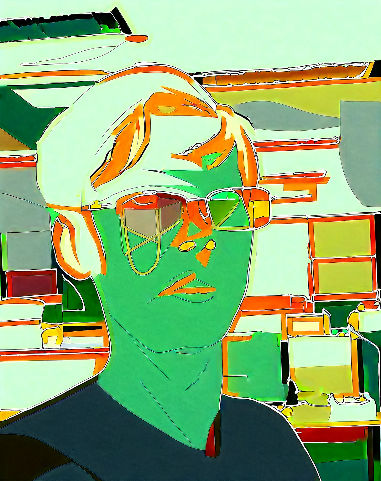 there is a man with glasses on in an office, 8k selfie color paint, chipi picture (38 years old)