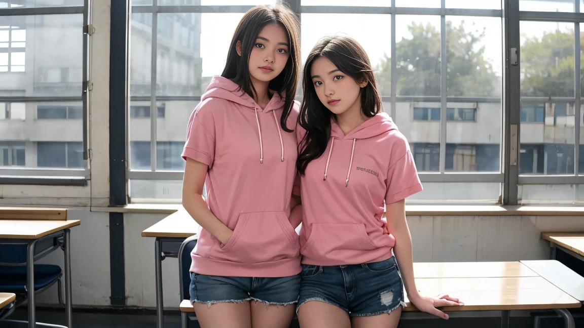 deux femmes ensemble de 18 ans sexy et mince , pink short sleeve hoodie , salle de classe, se touche,position sey,sensuel