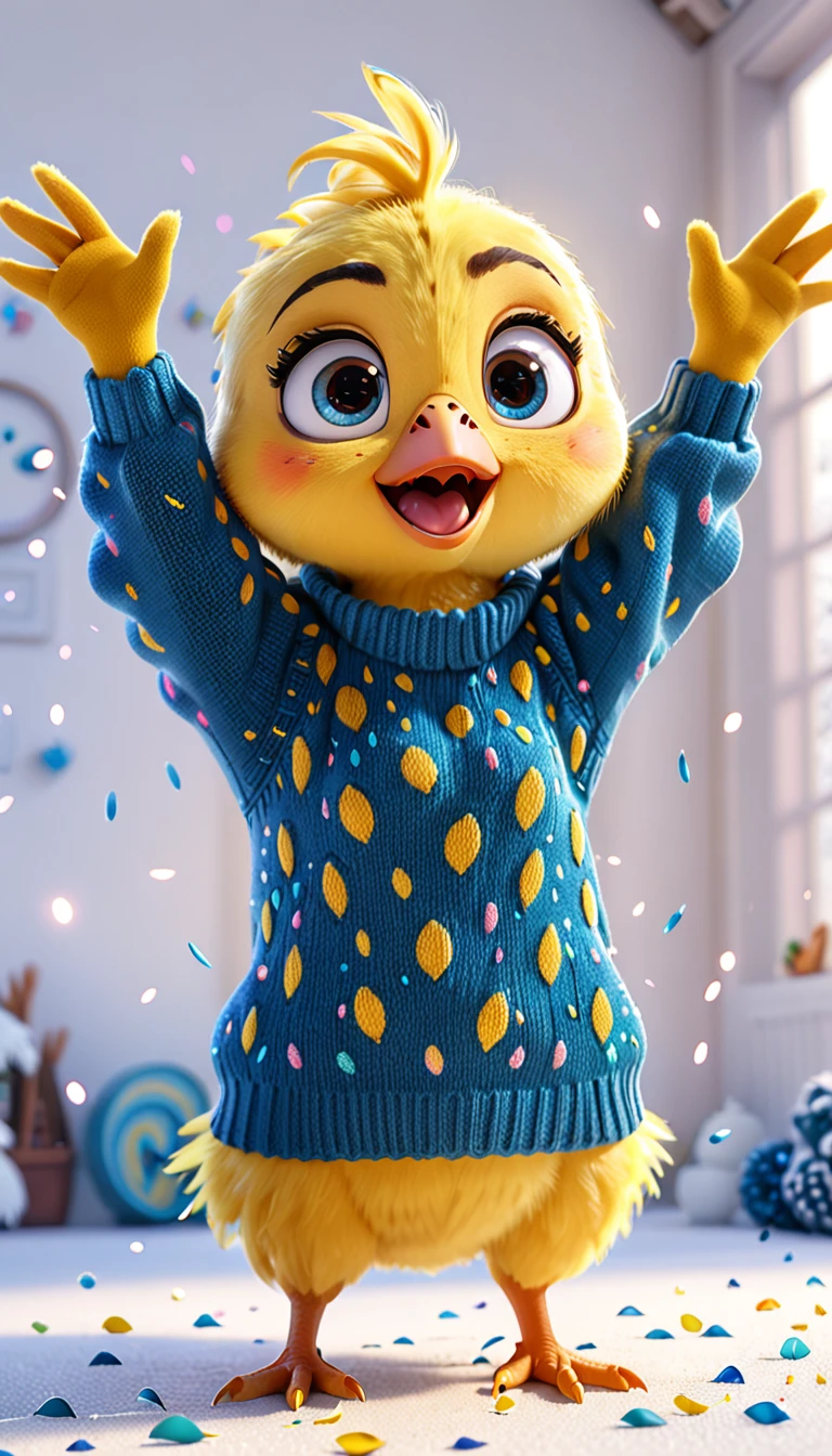 cute yellow chick, cartoon,arms, hands ,cute eyes, looking at viewer, arms up, effects background, particles, random, white background, blue eyes, sweater