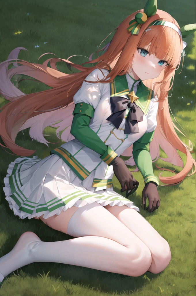 masterpiece, best quality, highres, aasuzuka, long hair, animal ears, ear covers, white hairband, horse tail, green sailor collar, black bow, white shirt, layered sleeves, green sleeves, black gloves, white skirt, black pantyhose, grass, wariza, sweat, shoes,((nsfw,vaginal,sex,woman on top))