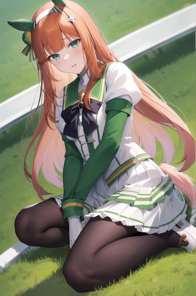 masterpiece, best quality, highres, aasuzuka, long hair, animal ears, ear covers, white hairband, horse tail, green sailor collar, black bow, white shirt, layered sleeves, green sleeves, black gloves, white skirt, black pantyhose, grass, wariza, sweat, shoes,((nsfw,vaginal,sex,woman on top))